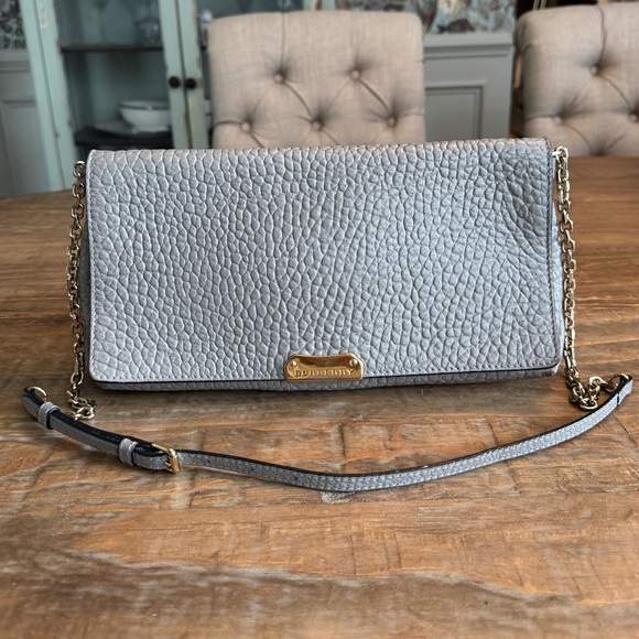 BURBERRY Mildenhall Large Signature Grain Leather Shoulder Bag Pearl Grey Chain - Picture 1 of 16